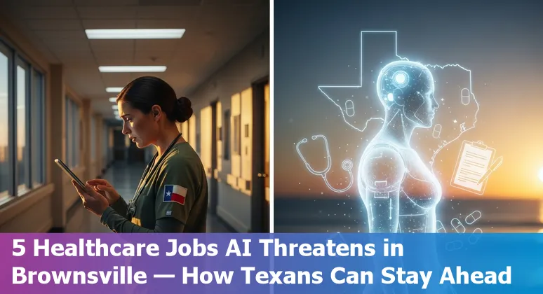 Brownsville healthcare worker using tablet with AI icons overlay, local clinic and community backdrop.