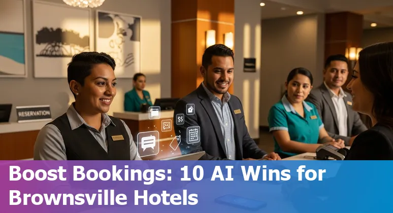 Hotel front desk in Brownsville with bilingual AI chatbot and dynamic pricing dashboard on screen.