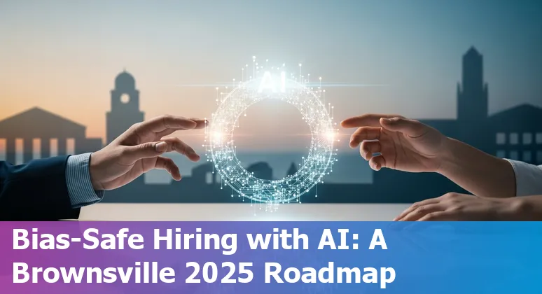 HR professional using AI tools in Brownsville, Texas office with UTRGV materials and bilingual job postings