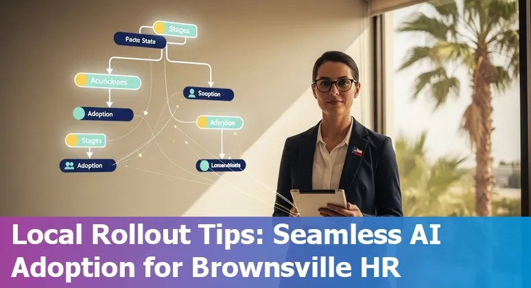 HR professional in Brownsville reviewing AI HR tools dashboard on laptop with Texas map