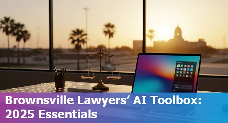 Brownsville courtroom desk with laptop showing AI legal tools, Clio logo, and contract templates.