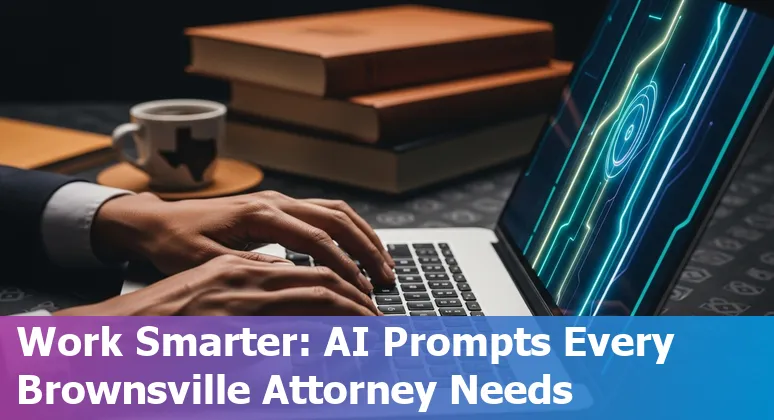 Brownsville attorney using AI prompts on a laptop to draft and review contracts with local Texas landmarks in background.