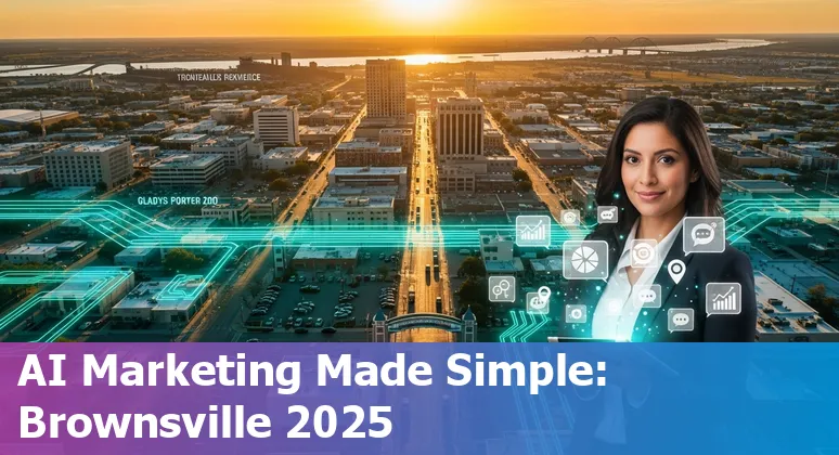 Marketing professional using AI tools with Brownsville, Texas skyline and SpaceX facility in the background