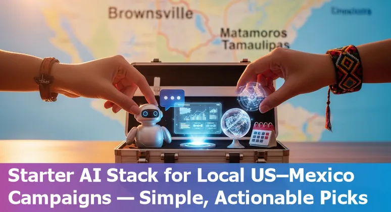 Brownsville marketing team using AI tools for bilingual campaigns, with US–Mexico map inset