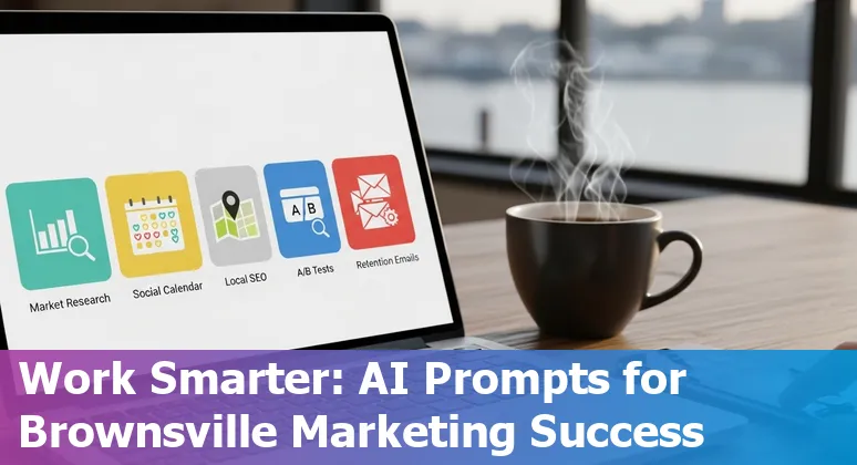 Marketing professional in Brownsville using AI on a laptop with local landmarks in background