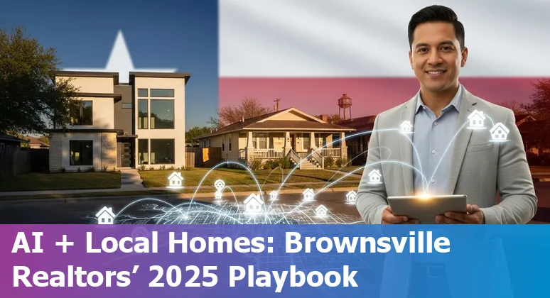 Aerial Brownsville, Texas skyline with icons for AI, real estate, and energy — Brownsville, Texas.