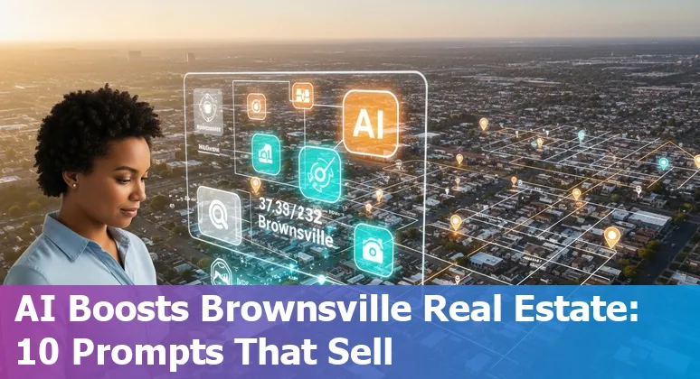 Brownsville skyline with port and AI data overlays; icons for predictive analytics, virtual tours, and chatbots.