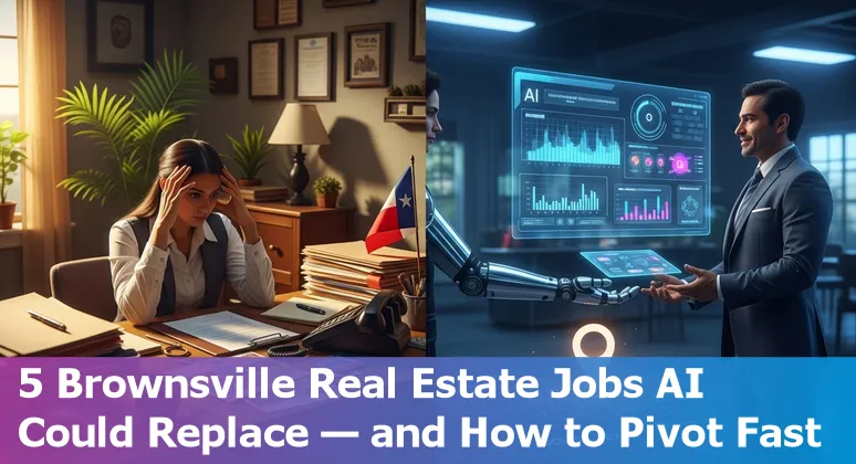 Brownsville skyline with real estate icons and AI overlay showing jobs at risk and adaptation steps