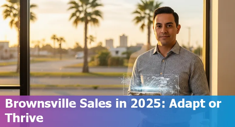 Brownsville, Texas sales team using AI tools on laptops with Brownsville skyline in background