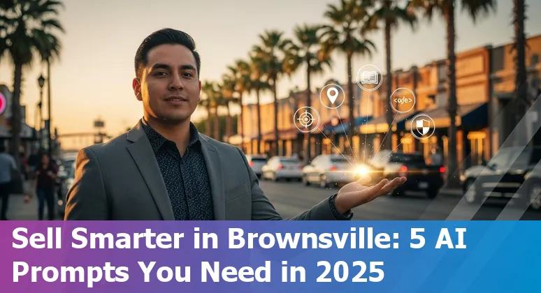 Sales professional using AI prompts on laptop with Brownsville skyline and Borderland landmarks in background.