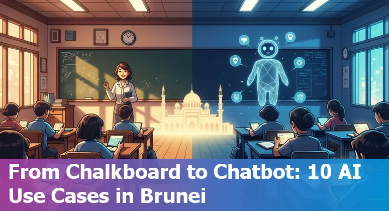 Illustration of AI-driven classroom in Brunei with teachers, students and digital tools