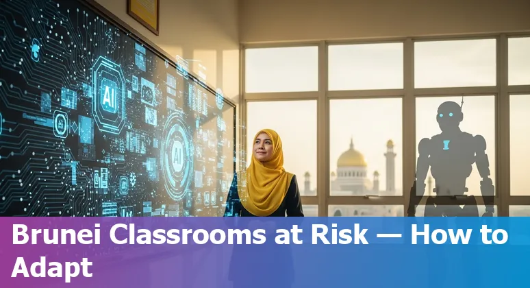 Brunei classroom with teacher, students and an AI RoboTeach robot icon representing AI in education