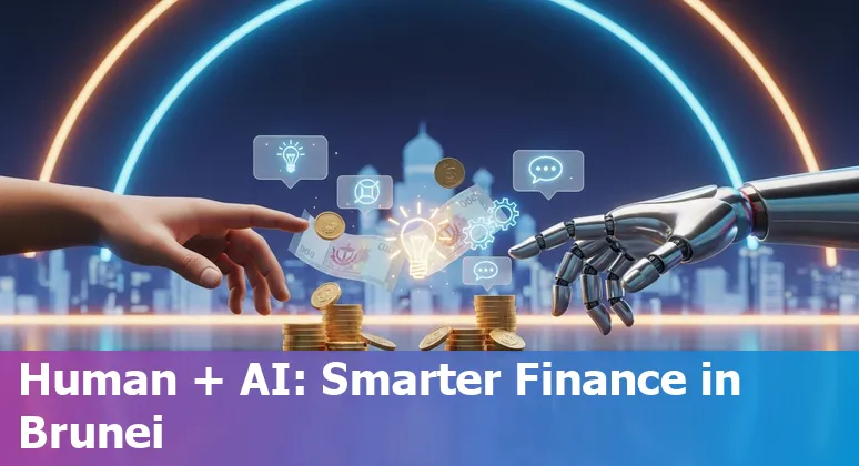 Illustration of AI prompts and financial services icons over a map of Brunei Darussalam