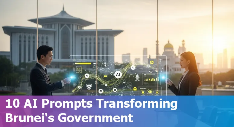 Illustration of AI use cases in Brunei government: chatbot, hospital triage, traffic map, and Bandar Seri Begawan skyline.