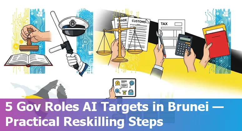 Brunei government worker at a computer with AI icons overlay showing automation risks and reskilling steps