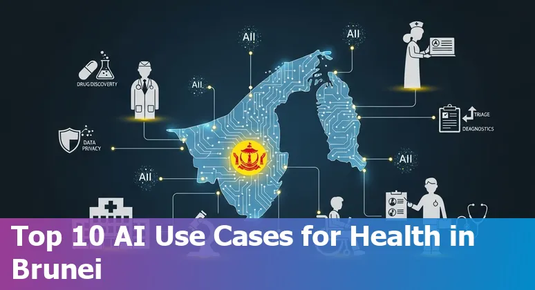 Illustration of AI-powered healthcare tools and the BruHealth app on a smartphone with Brunei flag accents