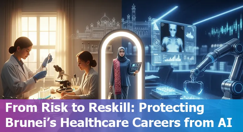 Healthcare workers in Brunei reviewing AI-driven diagnostics on a tablet, symbolising reskilling and adaptation.