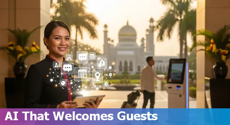Hotel concierge using AI tablet in Bandar Seri Begawan with Sultan Omar Ali Saifuddien Mosque in the background.