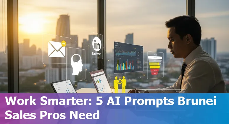 Sales professional in Brunei using AI prompts on a laptop with BND currency and LinkedIn icons on screen