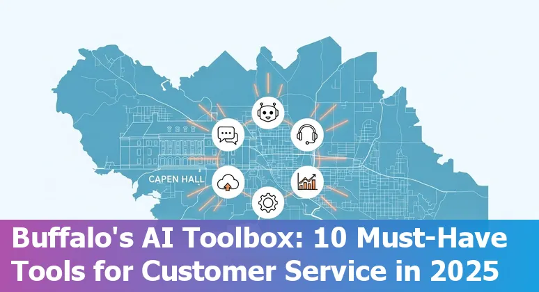 Collage of logos: Zendesk, Freshdesk, Intercom, Salesforce, Ada, Trengo, Tidio, LivePerson, HubSpot, HappyFox over Buffalo skyline.