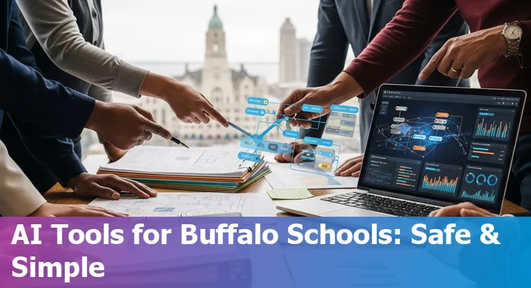 Teacher using AI on a laptop in a Buffalo classroom, with University at Buffalo campus in the background.