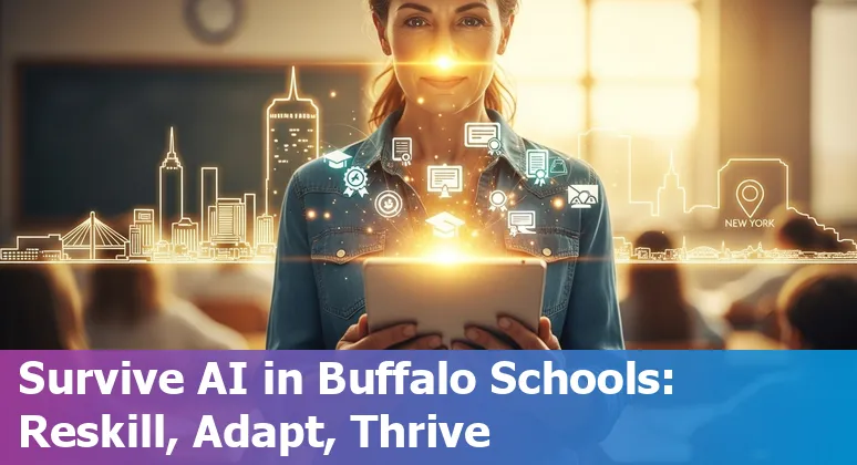 Teacher using AI tools on a laptop with Buffalo skyline in the background.