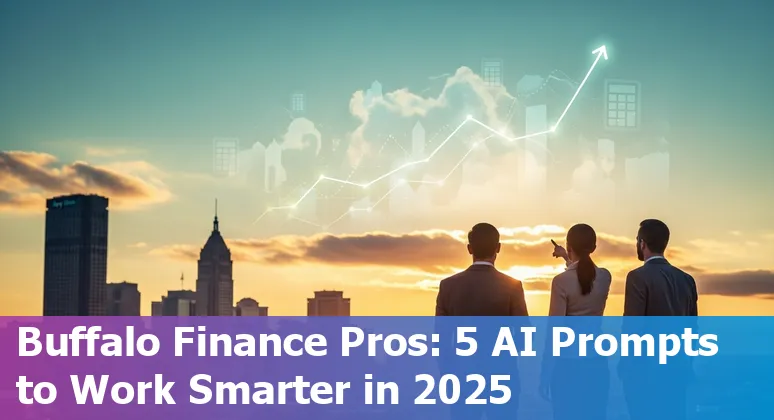 Finance professional in Buffalo using AI prompts on laptop with Buffalo skyline visible through window.