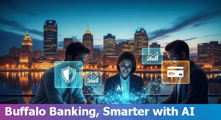 Illustration of Buffalo skyline with banking icons and AI circuits representing financial services use cases.
