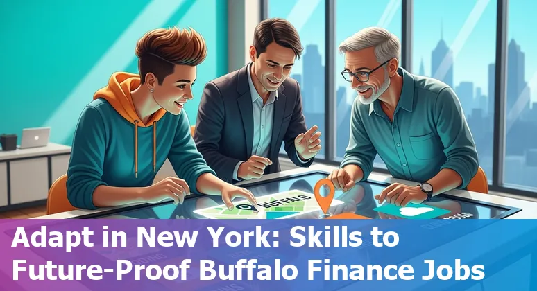 Buffalo skyline with financial icons and AI circuitry overlay, showing finance jobs and AI impact.