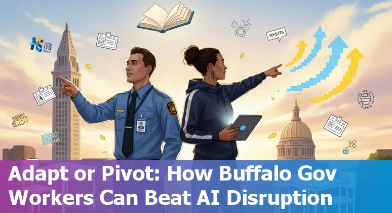 Buffalo city government worker using a laptop with AI icons; local skyline in background