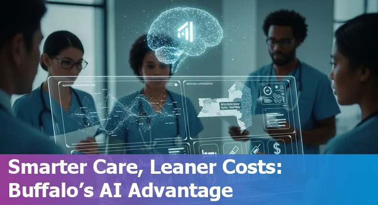 Healthcare staff using AI tools at a Buffalo, New York, US hospital—illustrating cost savings and efficiency improvements.