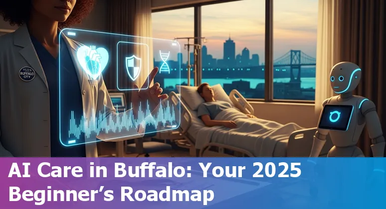AI in healthcare illustration with Buffalo, NY skyline, highlighting University at Buffalo and Roswell Park in 2025