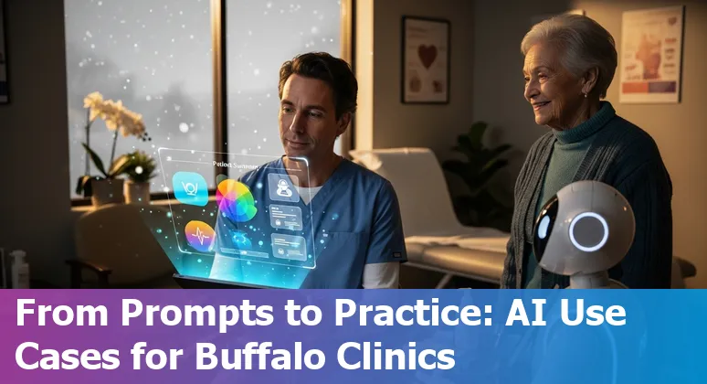Buffalo skyline with medical icons representing AI tools like Nuance DAX, Oracle GenAI, Storyline AI, and Moxi robot.