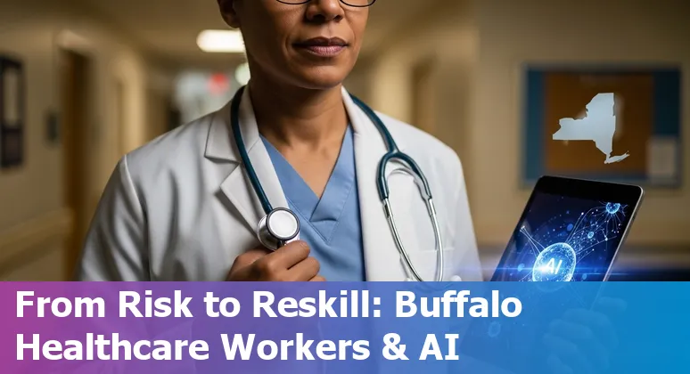 Healthcare workers in Buffalo discussing AI tools beside EHR screens and training materials.