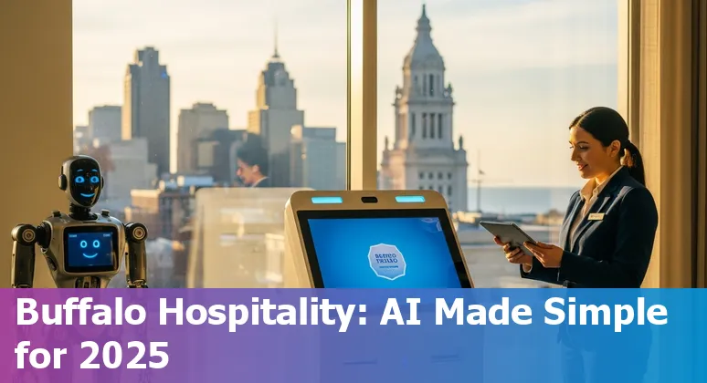 Buffalo, New York hotel lobby with AI chatbot concept and Niagara Falls-backed computing center in the background