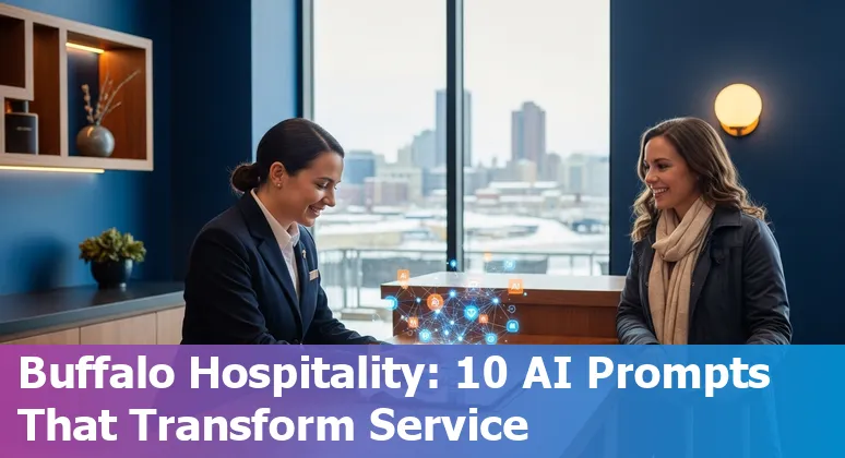 Hotel staff using AI dashboard with Buffalo skyline and Bills stadium in the background