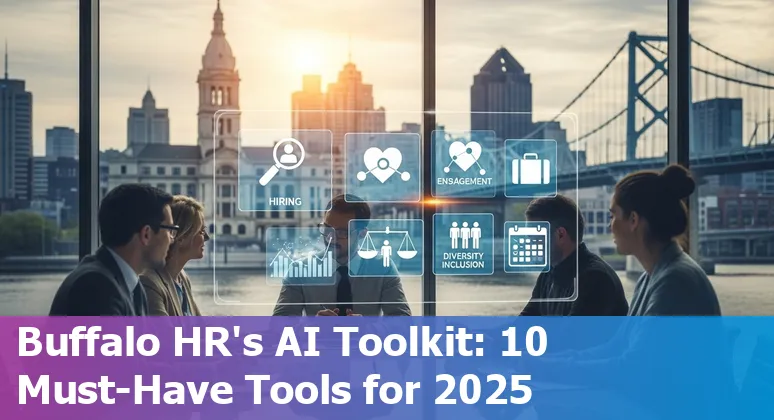 Collage of AI HR tools icons over a Buffalo, NY skyline with HR professionals collaborating.