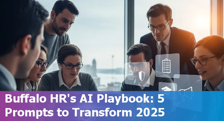 Buffalo HR professional using AI on laptop to draft onboarding, benefits, and policy documents with Buffalo skyline in background