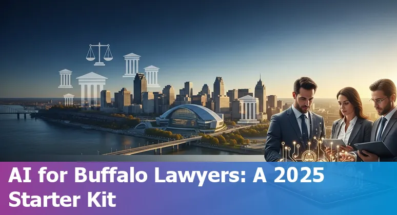 A Buffalo, NY courthouse with AI-related icons and law books representing legal AI in Buffalo, NY 2025