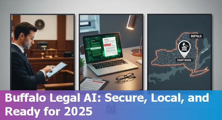 Collage of AI legal tools icons with Buffalo skyline and scales of justice.