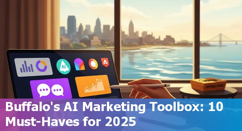 Collage of AI marketing tools logos (Sprinklr, Hootsuite, Jasper, Canva, SurferSEO, Semrush, Google Analytics, HubSpot, 6sense, Optimizely) with Buffalo skyline.