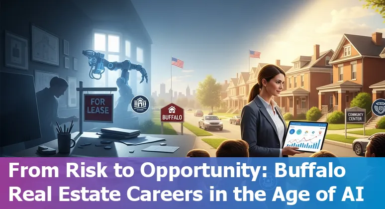 Buffalo skyline with a real estate agent using a tablet showing AI analytics overlay