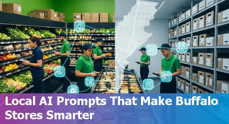 Storefront in Buffalo with AI icons overlay showing personalization, inventory, and chatbot use cases
