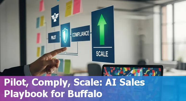 Sales professional using AI tools in Buffalo, New York office with University at Buffalo campus visible