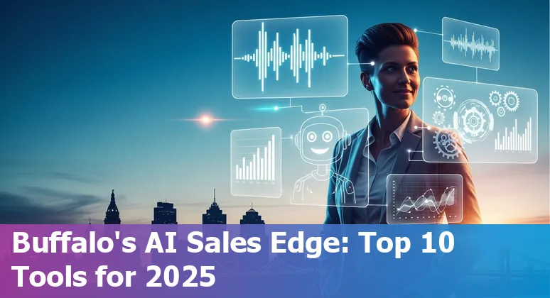 Collage of AI sales tools icons with Buffalo skyline and sales professionals using laptops and phones