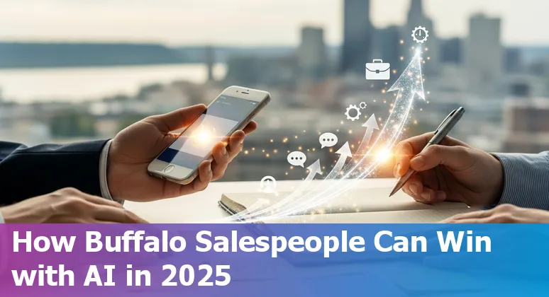 Salesperson using AI tools on a laptop in Buffalo, New York skyline background