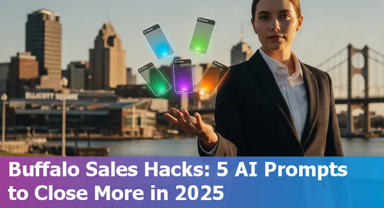 Sales professional in Buffalo using AI prompts on a laptop with a Buffalo skyline backdrop