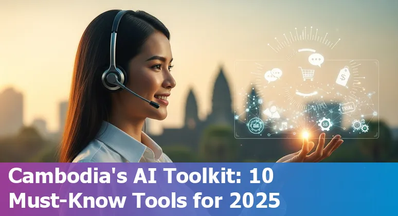 Customer support agent using AI tools with Cambodia flag and e-commerce icons