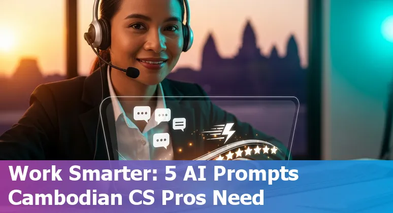 Cambodian customer service agent using AI prompts on a laptop with Khmer text and icons for ChatGPT, ManyChat, and Yotpo