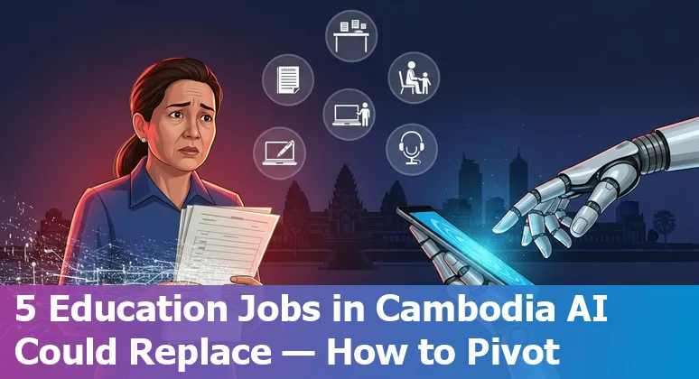 Cambodian teacher and school staff collaborating with AI tools and lesson materials in a classroom setting